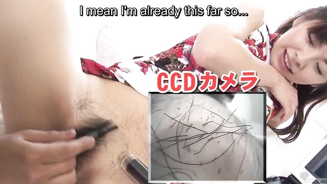 Subtitled bottomless Japanese pubic hair shaving in HD