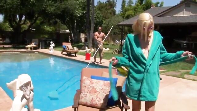 Stunning blonde teen sun bathes nude to seduce the poolboy