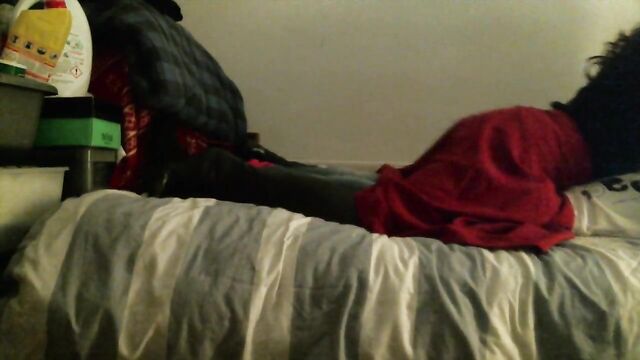 Thigh high leather boots on bed humping