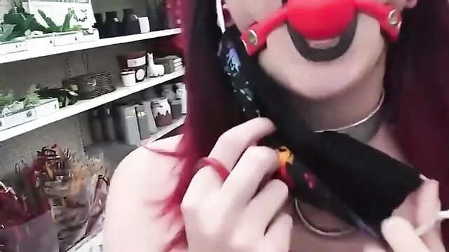 Goth girl gagged in public