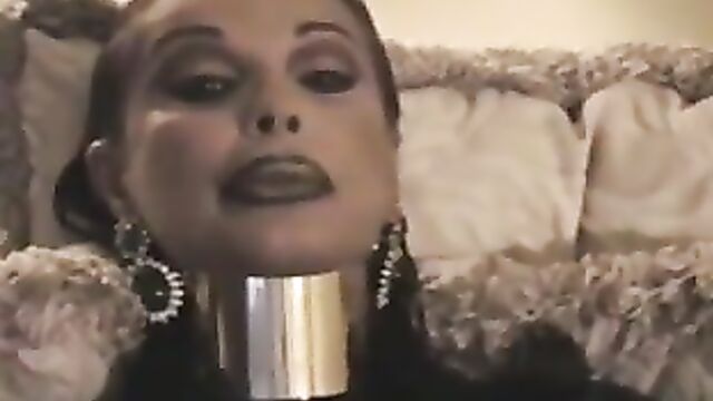 Brunette - posture collar, heavy makeup + smoking