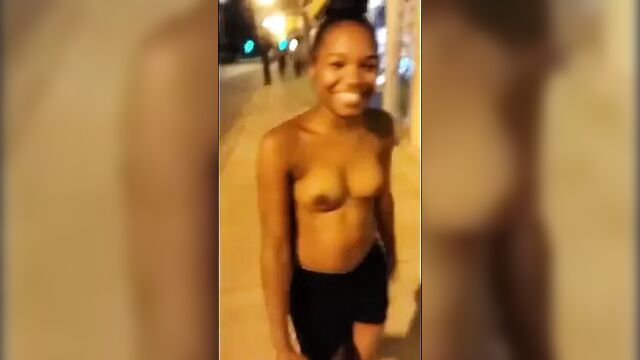 Cute African-American Girl Walks Nude Thru City