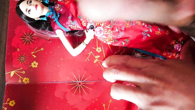 Chinese New Year Barbie in Cheongsam Satin Dress Cum Blasted