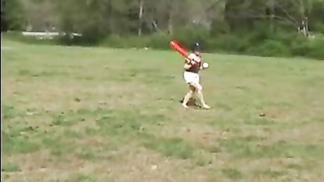 Innocent teen Kitty playing softball outdoors