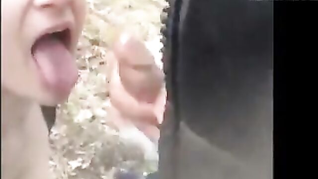 In the woods masturbate in front of the girl's face and cum