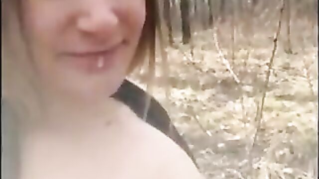 In the woods masturbate in front of the girl's face and cum