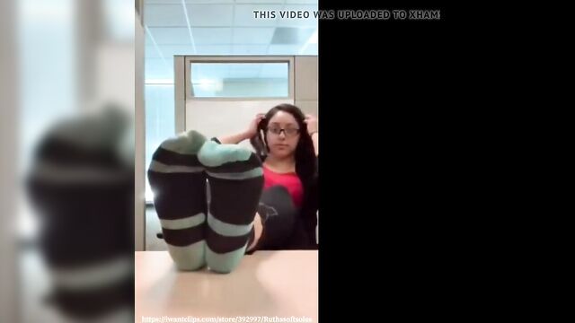 Latina Removes Her Converse And Socks At Work