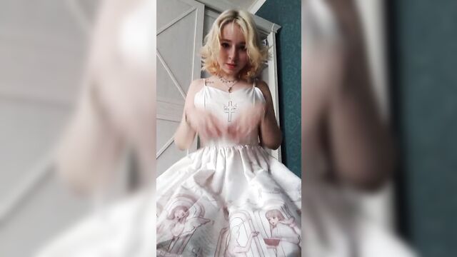 Gentle homemade masturbation in a white dress and a passionate stormy orgasm