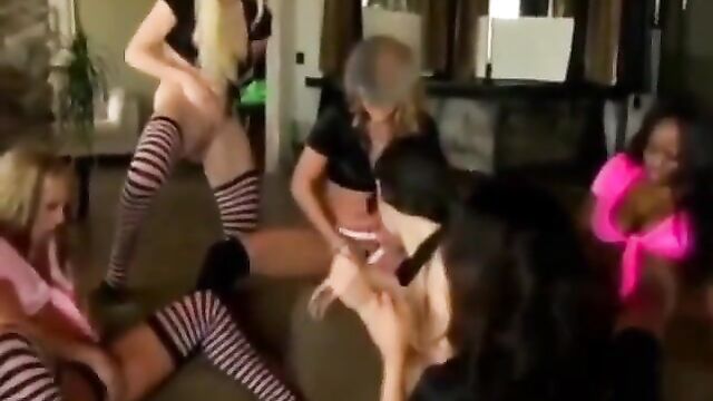 Skinny brunette slut 'Sasha G' in a squirting lesbian orgy