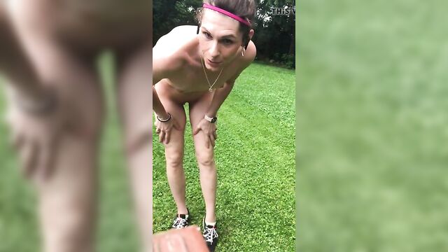 Mowing grass naked