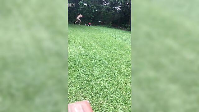 Mowing grass naked