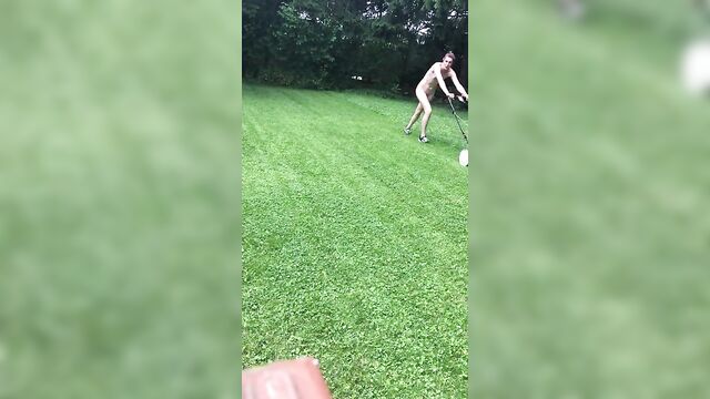 Mowing grass naked