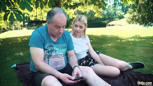 Petite teen fucked hard by grandpa on a picnic she blows him