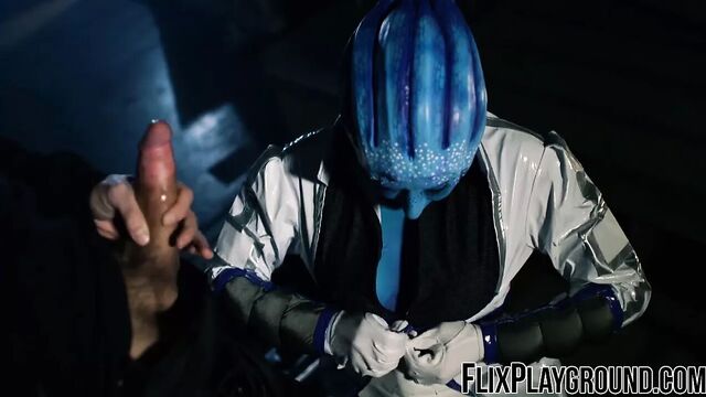 Blue alien has to make the dude with her sexy assets