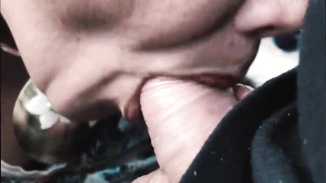 mature mom gives blowjob with cum in mouth – close-up