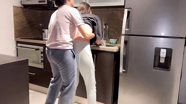 Wife fucked hard with tongue while washing dishes in the kitchen, getting her to cum before her stepmom gets home.