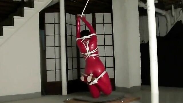 Bondage in straigh latex catsuit and ball gag