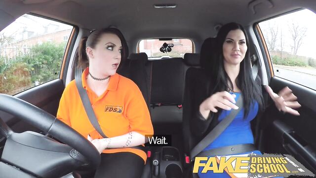 Fake Driving School Jailbird with big tits eats shaven pussy