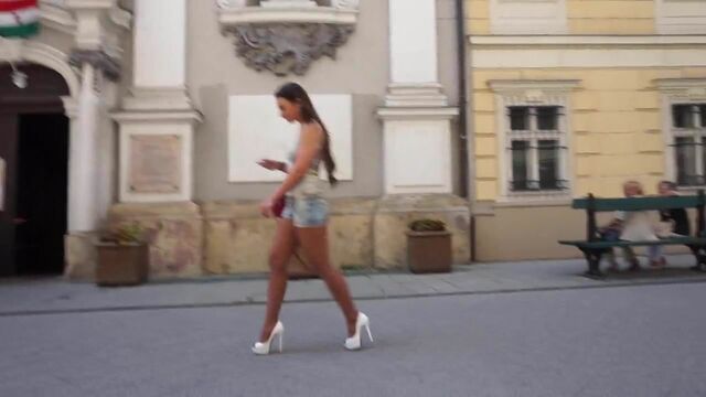Julie skyhigh walks and tease in minishort public flashing