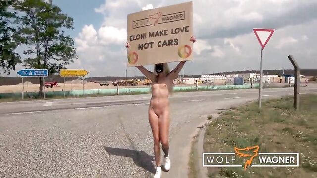 Tesla Protest! Kitty Blair nude in public! WolfWagner.com