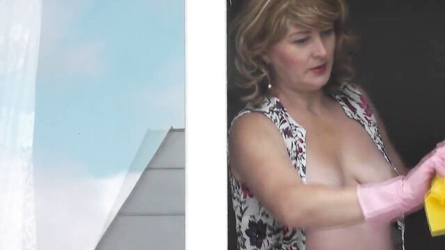 Naked Milf washes window, taxi driver spying from car, public