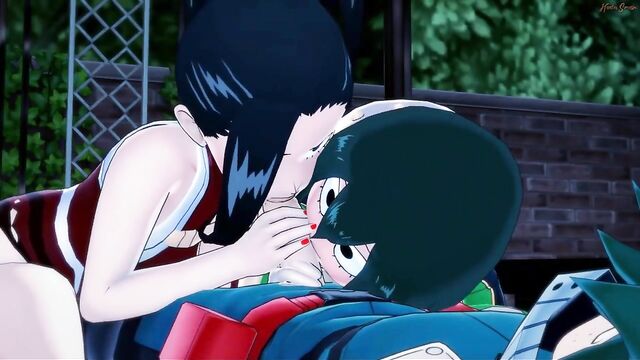 Deku fucks Tsuyu and Momo in a threeway. My Hero Academia.