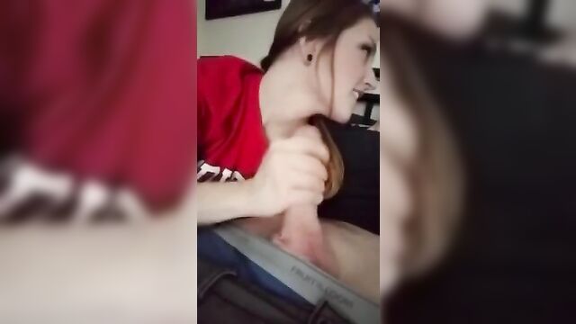 She keeps sucking while he cums in her mouth