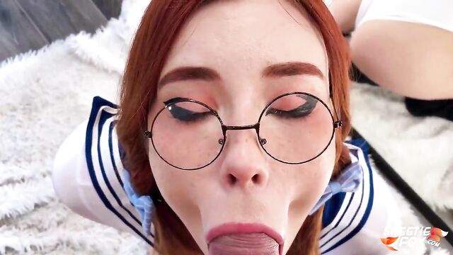 Horny Schoolgirl in Sailor Moon Outfit, Deep Suck and Cum in Mouth