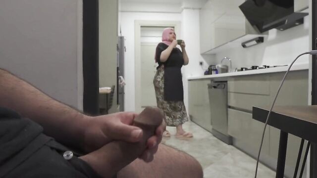 Caught jerking off while watching my Huge ass Hijab Maid.