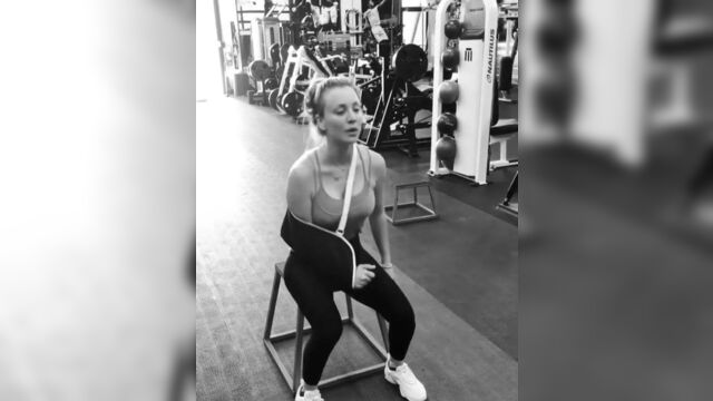 Kaley Cuoco working out with pokie nipples, arm in a sling