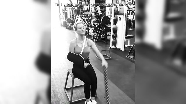 Kaley Cuoco working out with pokie nipples, arm in a sling