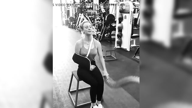 Kaley Cuoco working out with pokie nipples, arm in a sling