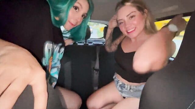 Lesbians spitting, licking and pee in a car