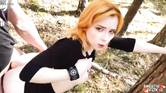 Redhead Deep Sucking and Doggystyle Fucking in the Forest