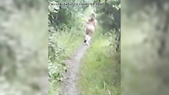 Hot and curvy british milf runs naked on a trail