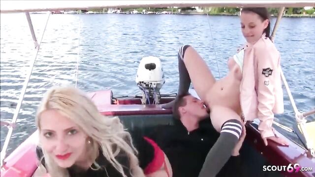 Cute German Teen Bitches at Public FFM Threesome on Boat