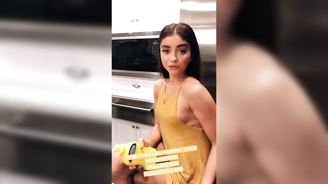 Sarah Hyland with pokie nipples in short yellow dress