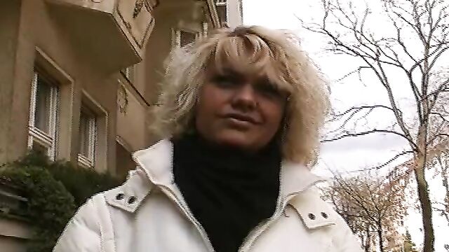 Blonde German lady gets her big natural boobs sprayed with cum