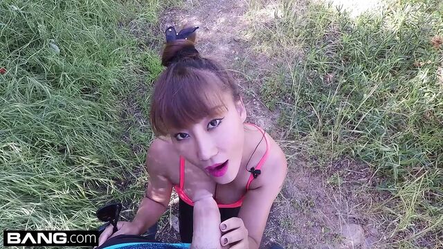 Asian MILF Tiffany Rain is showered in cum after her hike