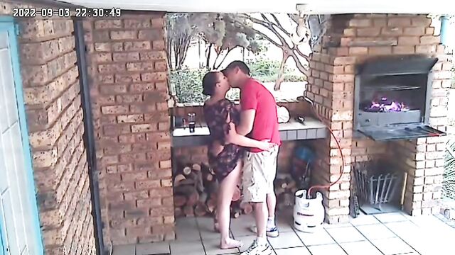 Spycam: CC TV self catering accomodation couple fucking on front porch of nature reserve