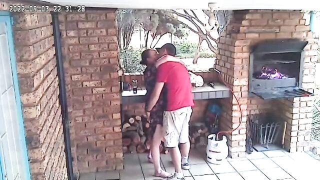 Spycam: CC TV self catering accomodation couple fucking on front porch of nature reserve