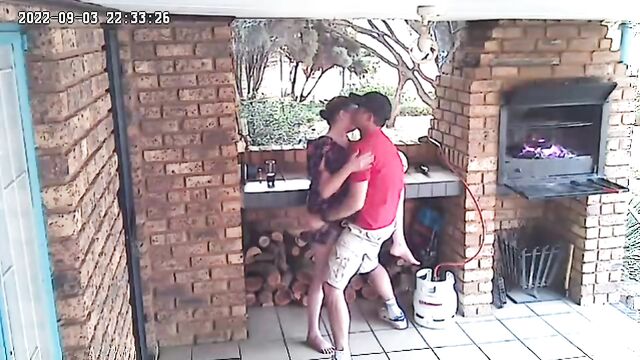 Spycam: CC TV self catering accomodation couple fucking on front porch of nature reserve