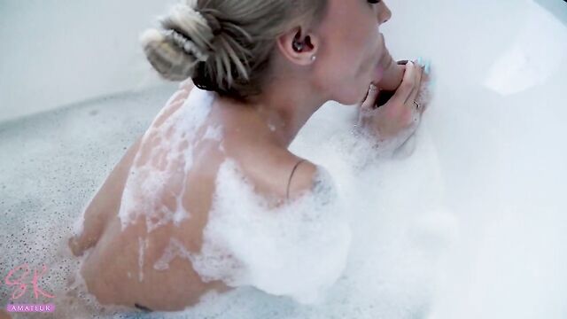 Slutty Blonde and Two Huge Dildos in the Bath