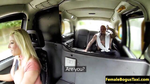 Busty british cabbie cockriding on backseat