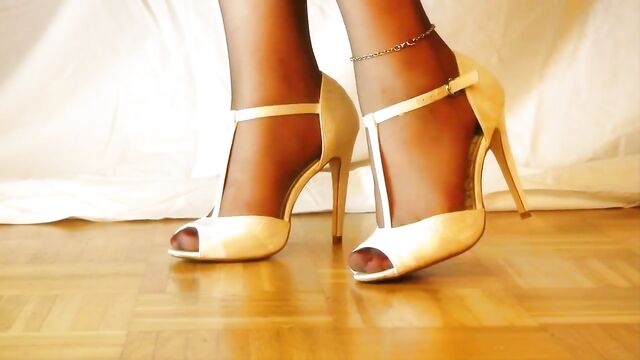 Sheer Nylons in white open toe high Heels