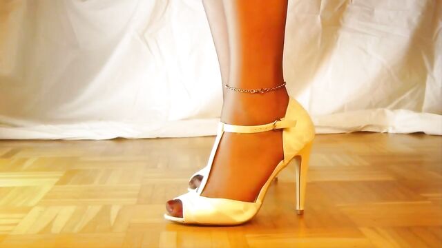 Sheer Nylons in white open toe high Heels