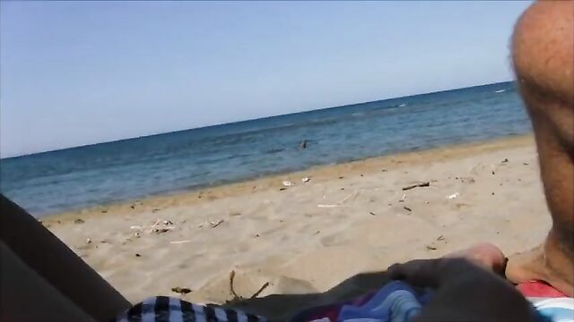 wife shows cunt to men on beach and wanks one old scum bag