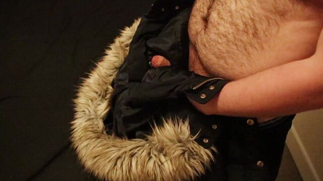 Topshop Navy Fur Hood Puffer Jacket Wank and Cumshot