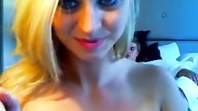 Blond girl blows boyfriend and friend on cam