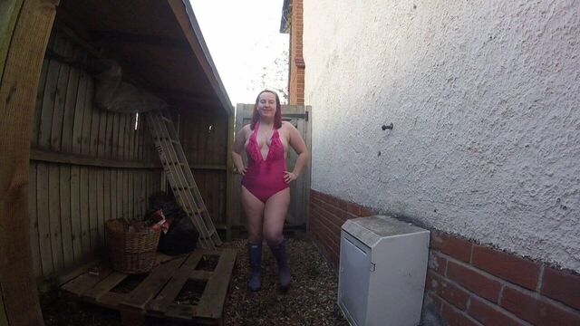 British Mom in Swimsuit and wellingtons on chilly day
